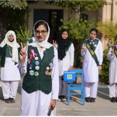 Rawalpindi: Young Areeba Sajid poses during a polio eradication awareness session among her peers. Photo by Shahzad Mahmood.