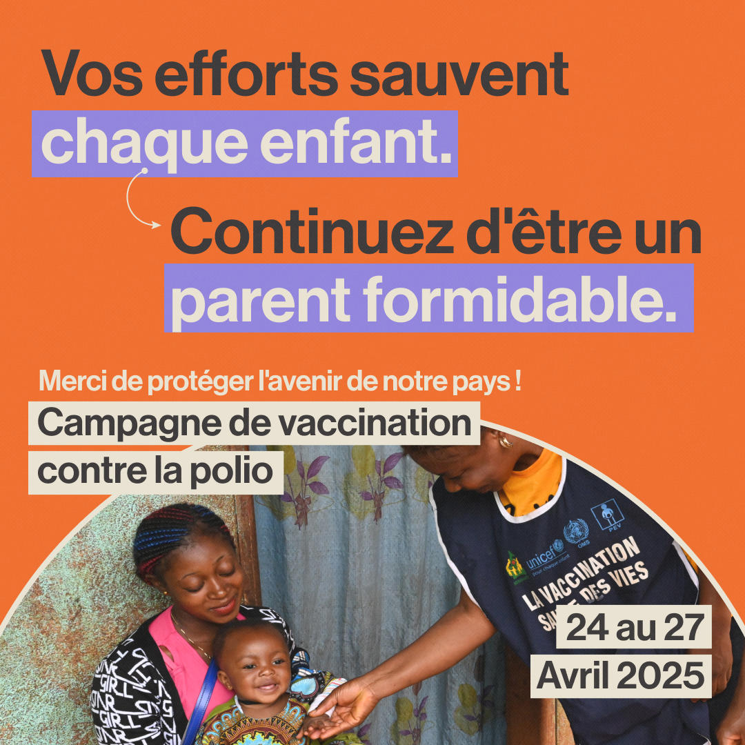 Poster promoting polio vaccination in Cameroon, showing a health worker, a mother, and a smiling child.
